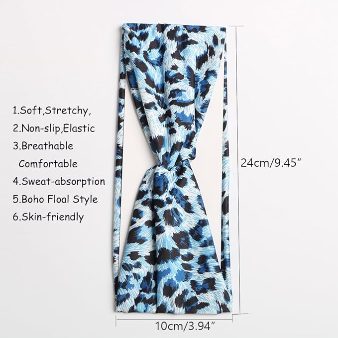 6PCS Women Leopard Boho Headbands,Boho Floal Style Criss Cross Head Wrap,Wide Top Knot Turban Hair Band (Leopard print)