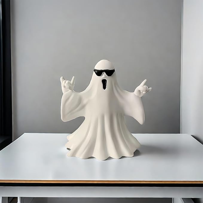 Halloween Ghost Figurine - Spooky Resin Ghost Statue, Cute Finger Ghost Ornaments, Perfect for Indoor & Porch Halloween Decor (Ghost with Glasses)