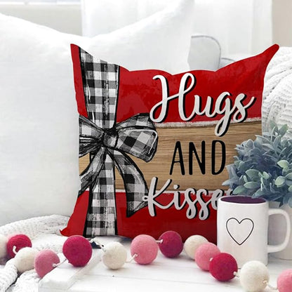 GEEORY Valentine's Day Love You More Hugs and Kisses Throw Pillow Covers 18x18 Inch Set of 4, Red Hearts Stripes Decorative Farmhouse Wedding Cushion Case for Home Decoration G652-18