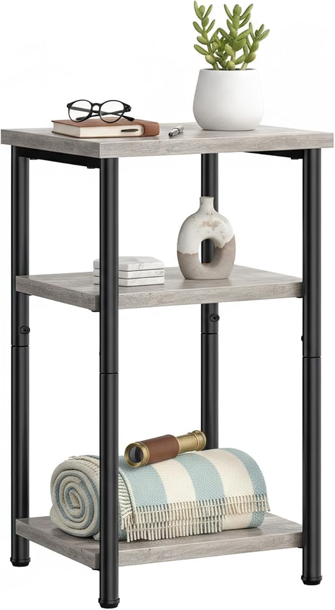 OLIXIS 3 Tier End Table for Small Space, Side Sofa Tables Storage Shelf, Nightstand with Adjustable Feet for Living Room, Bedroom, Office, Set of 1, Oak Grey