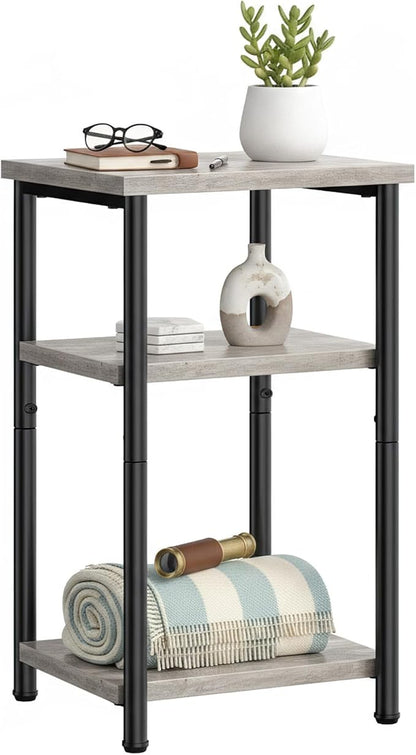 OLIXIS 3 Tier End Table for Small Space, Side Sofa Tables Storage Shelf, Nightstand with Adjustable Feet for Living Room, Bedroom, Office, Set of 1, Oak Grey