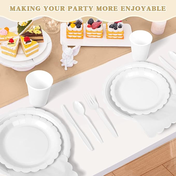 Vyntra 350 PCS Disposable Plates for Party, Paper Plates & Napkins Set with Cups, Knives, Forks, Spoons, 7'' Dessert and 9'' Dinner Plates for Wedding, Birthday, New Year’s Eve, Christmas - White