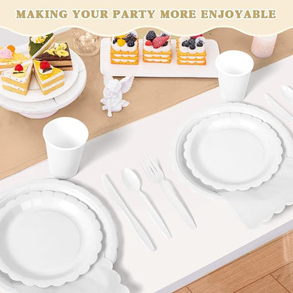 Vyntra 350 PCS Disposable Plates for Party, Paper Plates & Napkins Set with Cups, Knives, Forks, Spoons, 7'' Dessert and 9'' Dinner Plates for Wedding, Birthday, New Year’s Eve, Christmas - White