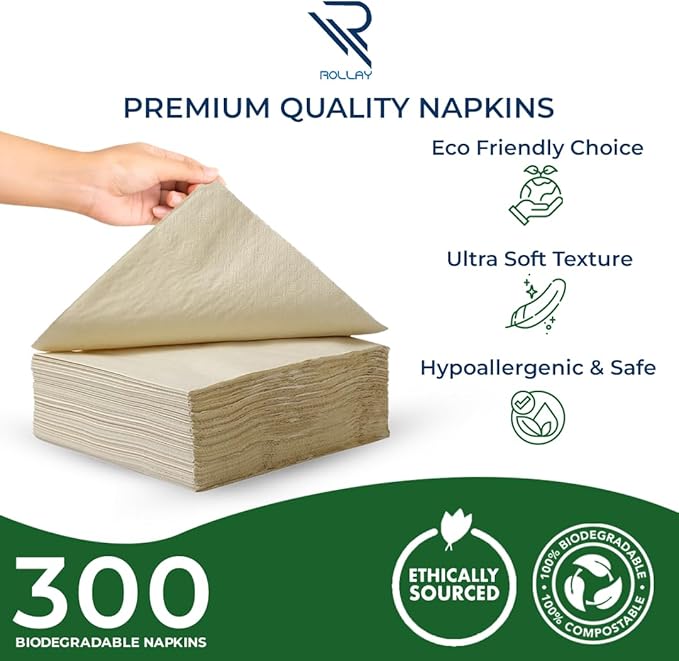 300 Bamboo Cocktail Napkins - FSC Certified 2-Ply Compostable Napkins Disposable for Home or Commercial Use - 5x5 inch folded Biodegradable Paper Napkins for Dinner and Party