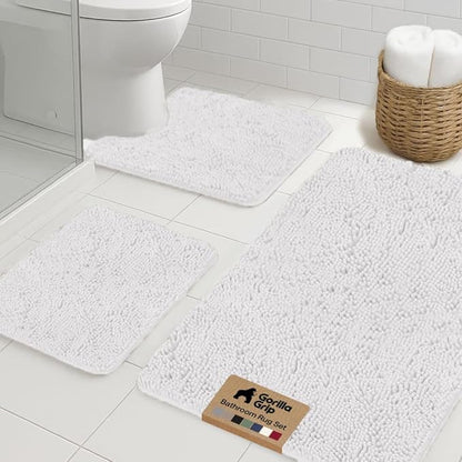 GORILLA GRIP Bathroom Rug Sets 3 Piece, Bath Mat Set and Oval Toilet Base with Rubber Backing, Plush Absorbent Shaggy Chenille Washable Mats, Includes 24x19.5, 24x17 and 36x24 Inch Rugs, Cream