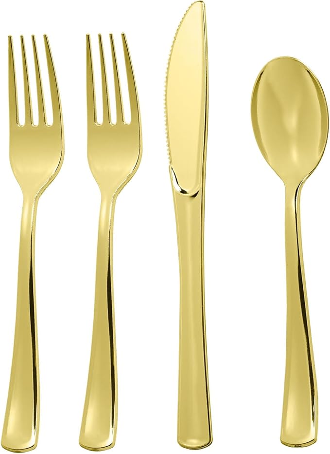 160pcs Gold Plastic Silverware Set, include 80 Forks, 40 Knives and 40 Spoons, Disposable Heavy Duty Plastic Cutlery Set for Party, Wedding, Birthday, Catering, Dinner