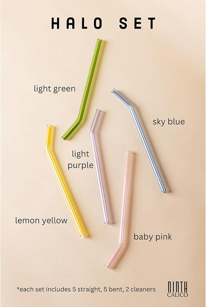 10 Pcs Reusable Glass Drinking Straws, Colorful and Durable Glass Straws for Beverages, Smoothies, Iced Coffee, Matcha, Juice, Set of 10-5 Straight, 5 Bent, 2 Cleaning Brushes - (Halo Set)