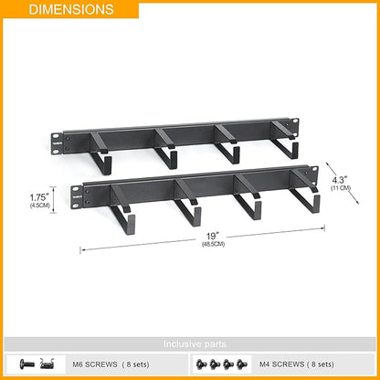 RIVECO 2PCS 1U Cable Management for Rack & Server Cabinet, Network Cord Wire Managing 19” Rack Mount 4 D-Rings Large Capacity