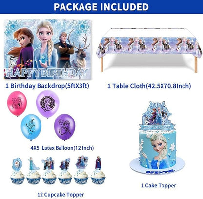 27 Psc For Frozen theme party setup, easy to assemble decorations, including children's DIY cake toppers and background cloth sets, perfect for children's birthday parties.
