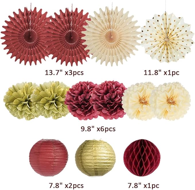 Burgundy Birthday Decorations for Women Maroon and Gold Party Decorations Tissue Paper Pom Poms Paper Fans Lanterns Maroon Birthday Decorations with Happy Birthday Banner Gold Circle Garland