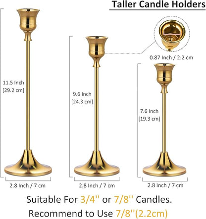 Metal Candle Holders for Candlesticks Taper Candlestick Holders Set Vintage Decorative Centerpiece Candelabra Tall Candle Stands (Gold, 1 Set (3 pcs))