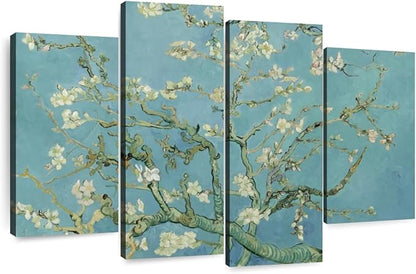 ElephantStock Almond Blossoms Wall Art - Horizontal Canvas - 4-Piece Living Room Wall Decor - Flower Painting Canvas Print - Blue and Green Decor for Wall by Vincent Van Gogh - 36" X 22"