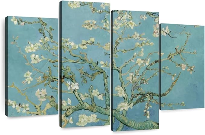 Elephant Stock Almond Blossoms Wall Art - Horizontal Canvas - 4-Piece Living Room Wall Decor - Flower Painting Canvas Print - Blue and Green Decor for Wall by Vincent Van Gogh - 43" X 27"
