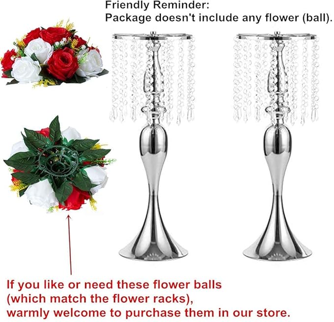 LANLONG Set of 2 Crystal Centerpieces for Tables Silver Metal Flower Vase Stand for Wedding Party Reception Home Decor