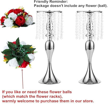 LANLONG Set of 2 Crystal Centerpieces for Tables Silver Metal Flower Vase Stand for Wedding Party Reception Home Decor