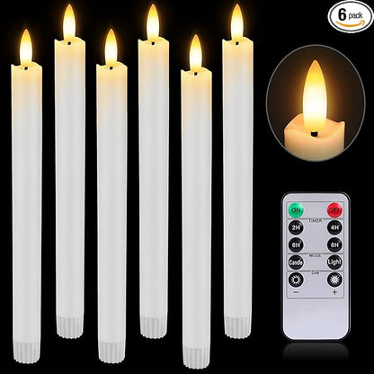HINZER 6 Pcs Flameless Taper Candles with Remote & Timer 9.6 inch Real Wax Battery Operated LED Warm 3D Wick Flickering Window Candles for Halloween Christmas Wedding Decor, White