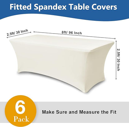 Spandex Table Cloths for 8 Foot Rectangle Tables-6 Pack Fitted Stretch Cream Table Covers-Elastic Folding Tablecloths for Party, Vendor Booth Display, Banquet Buffet Event, Craft Trade Show