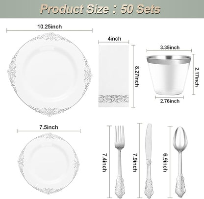 350PCS Silver Plastic Plates for 50 Guests, Disposable Dinnerware Set Includes 100 Disposable Plates, 150 Silver Silverware, 50 Cups, 50 Napkins for Party & Wedding