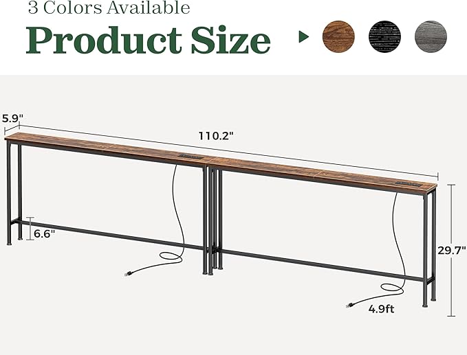 SUPERJARE 110.2 Inch Sofa Table with Power Outlets and USB-C Ports, 5.9 Inch Narrow Console Tables, Entryway Hallway Couch Tables with Storage, Behind Sofa, Small Spaces, Living Room, Rustic Brown