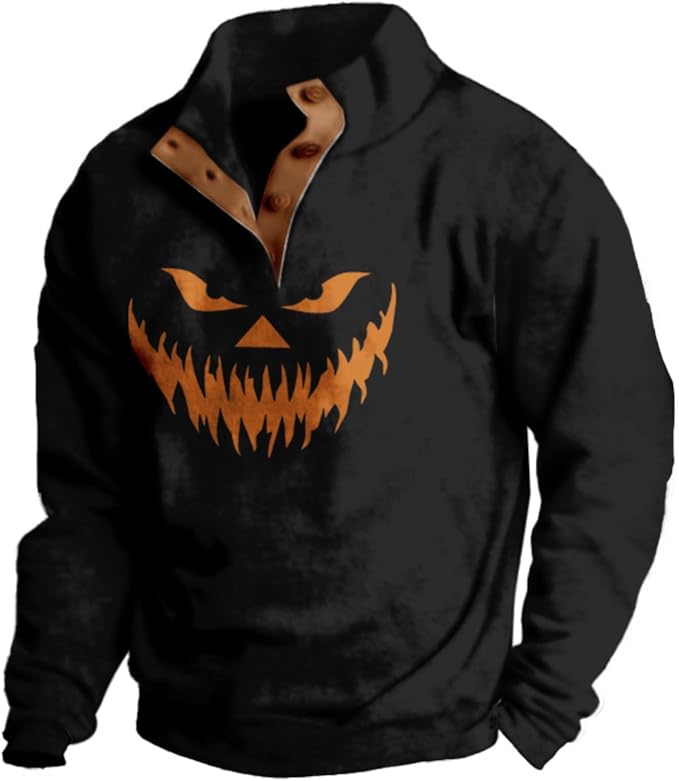 Mens Western Halloween Hoodie Button Up Henley Shirt Cowboys Sweatshirt Men Graphic Long Sleeve Pullover Tops