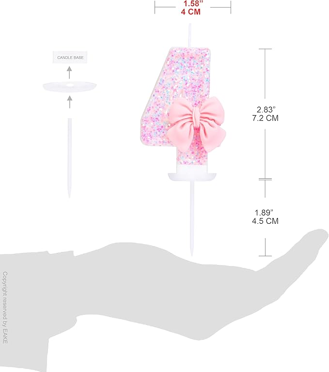 4 Birthday Candle with Pink Sequins and Bowtie, Number 4 Candle Birthday Girl Pastel Sweet Theme 4th Birthday Party or Adults Milestone Age Decoration