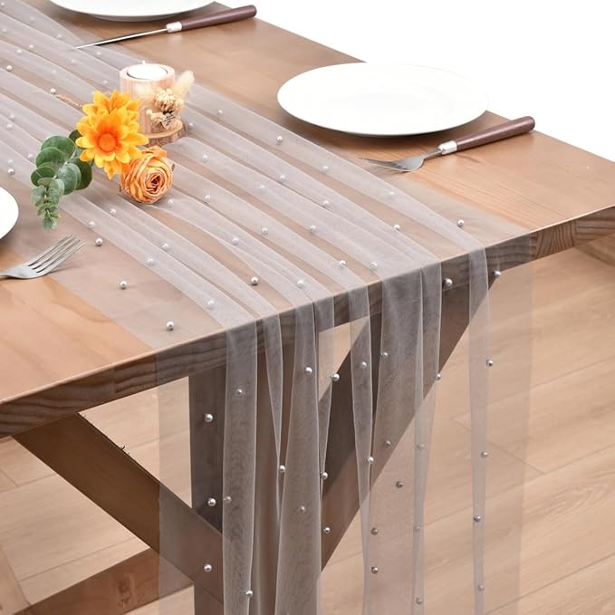 Gray Pearl Fall Thanksgiving Table Runner Boho Rustic Tulle Lace Table Runner for Baby Shower Wedding Arch Decor Veil Dessert Table Decor 3pcs