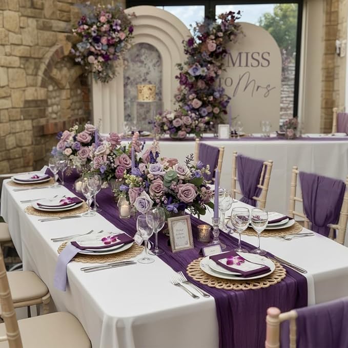 3 Pack 10FT Dark Purple Cheesecloth Table Runner 35x120 Inch Boho Gauze Table Runner Rustic Cheese Cloth Long Romantic Table Runners for Wedding Bridal Shower Birthday Party Table Decor (Grape)
