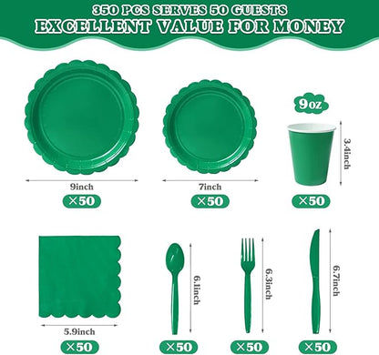 Vyntra 350 PCS Disposable Plates for Party, Paper Plates & Napkins Set with Cups, Knives, Forks, Spoons, 7'' Dessert and 9'' Dinner Plates for Birthday, Christmas, St. Patrick's Day - Green
