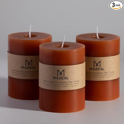 MOZEAL 3" x 4" Hand-Poured Unscented Candle, Dripless Pillar Candle Set of 3, Long Clean Burning, Approx 72 Hours Burn Time, Rustic Country Style, Wedding, Autumn, Home Decor, Burnt Orange