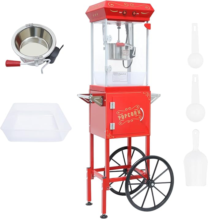 Vintage Theater Popcorn Machine with Cart - 8 Oz Commercial Kettle Makes 32 Cups, with Wheels & Warming Light for Home Theater, Parties & Office, Red