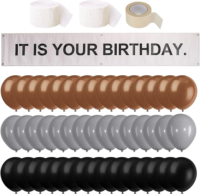 It is Your Birthday Banner, The Office Dwight Theme Husband Boyfriend Office Birthday Party Decorations, Brown Black Grey Balloons White Crepe Streamers and Tape, Office Parties, Retirement 49Pcs