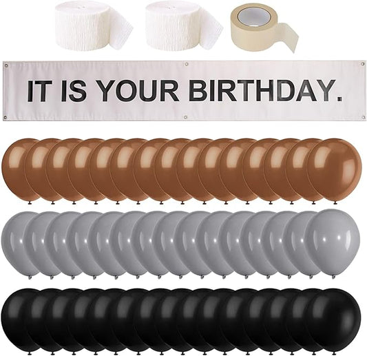 It is Your Birthday Banner, The Office Dwight Theme Husband Boyfriend Office Birthday Party Decorations, Brown Black Grey Balloons White Crepe Streamers and Tape, Office Parties, Retirement 49Pcs