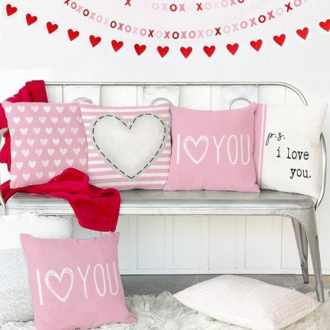 GEEORY Valentines Day Pillow Covers 18 x 18 inch Set of 4 for Valentine Decor Pink Stripes Love Heart I Love You Decorative Throw Pillows Cushion Cases for Sofa Couch Decorations G448-18