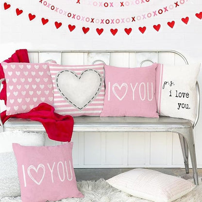 GEEORY Valentines Day Pillow Covers 18 x 18 inch Set of 4 for Valentine Decor Pink Stripes Love Heart I Love You Decorative Throw Pillows Cushion Cases for Sofa Couch Decorations G448-18