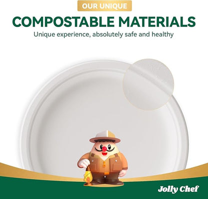 JOLLY CHEF Compostable Heavy Duty Plates 9 Inch [300 Pack] Eco-Friendly Disposable Natural Paper Plates Bagasse Biodegradable Bulk for Party Dinner Sugarcane Fibers Lunch Christmas (White)