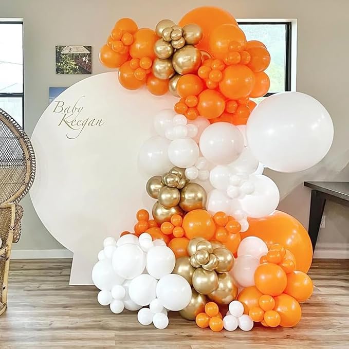 Orange and White Balloons Arch Kit, 162pcs Orange White Metallic Gold and Confetti Balloons for Fall Thanksgiving Baby Shower Halloween Anniversary Birthday Party Decorations