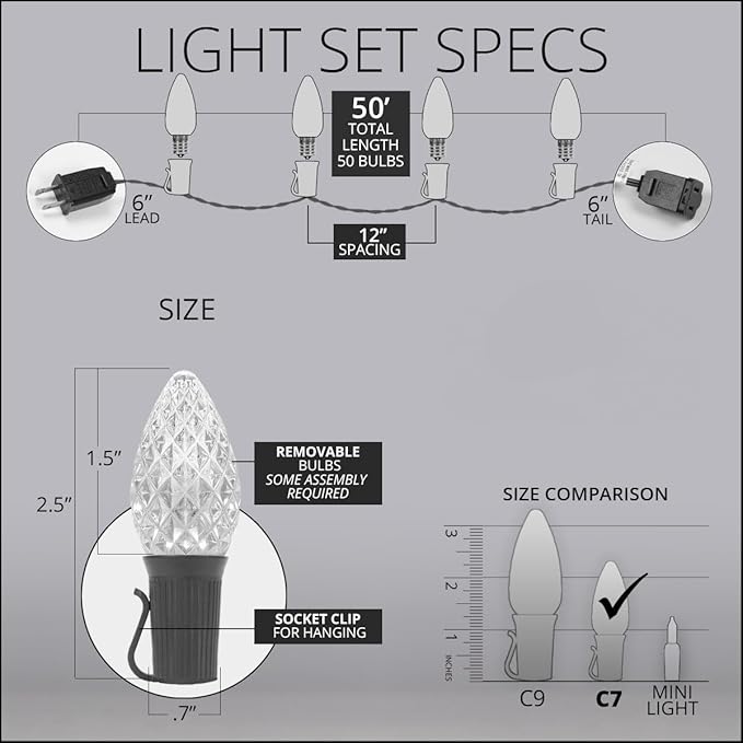 Wintergreen Lighting C7 OptiCore Red and Warm White Outdoor Christmas Lights - LED Christmas String Lights, Commercial Grade String Lights; Green Wire (50 Lights, 50 ft)