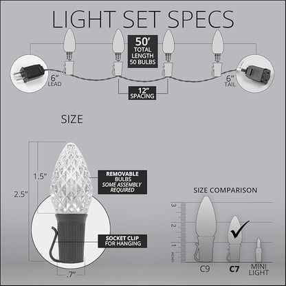 Wintergreen Lighting C7 OptiCore Red and Warm White Outdoor Christmas Lights - LED Christmas String Lights, Commercial Grade String Lights; Green Wire (50 Lights, 50 ft)