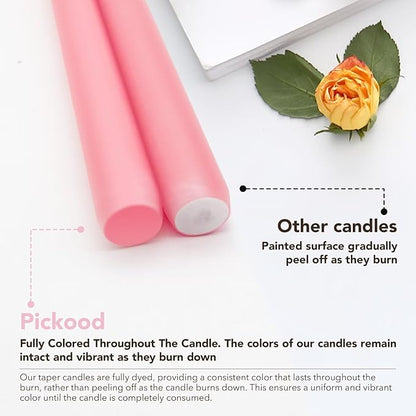 New Burning Formula Unscented Dripless 10-Inch Taper Candles Set of 12 - Pink, for Wedding, Dinner - Smokeless, Long Burning - Hand Poured, Colored Tall Candlesticks - Rosa