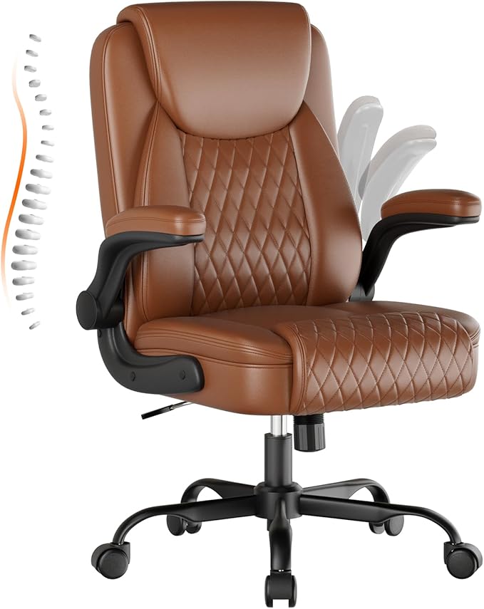 GTPLAYER Leather Office Chair, Home Desk Chair with Flip-up Arms and Ergonomic Back - Comfy Heavy Duty Executive Chair for Home Office Gaming, Brown