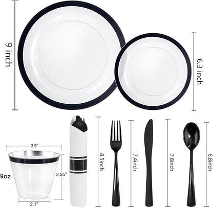 Liacere 350PCS - Clear Plates with Black Rim for 50Guests Dinnerware Include 100 Clear Plates disposable 150 Black Silverware 50 Napkins for Party&New Year