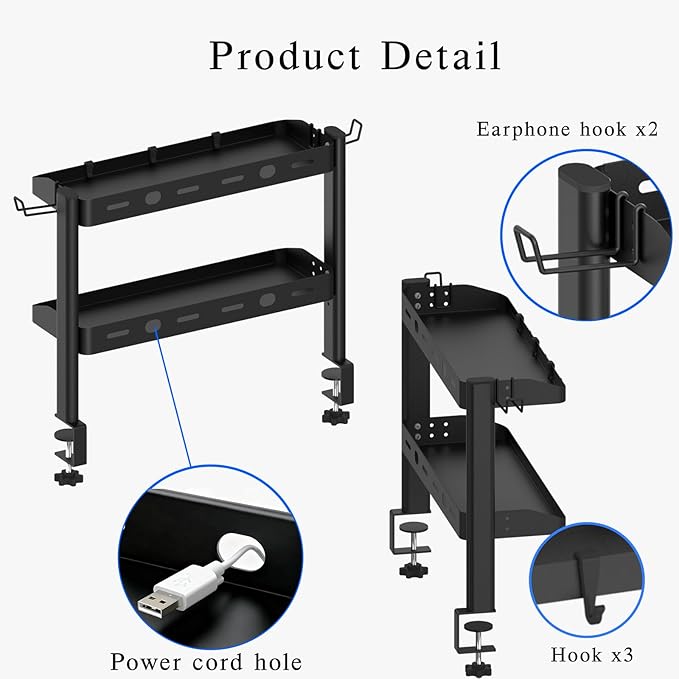 Clamp on Desk Shelf, 2-Tier Office Desk Shelves Organizer, 17in Small Shelf for Top of Desk with Headphone Holder and Hooks, Desktop Storage Rack for Home Workspace, Study Rooms, Gaming Accessories