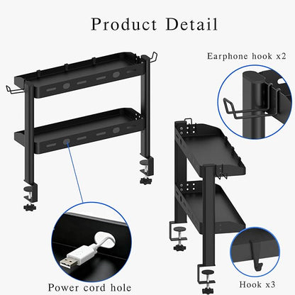 Clamp on Desk Shelf, 2-Tier Office Desk Shelves Organizer, 17in Small Shelf for Top of Desk with Headphone Holder and Hooks, Desktop Storage Rack for Home Workspace, Study Rooms, Gaming Accessories