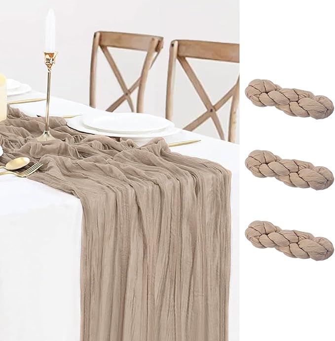 3 Pack Nude Cheesecloth Table Runner, 10ft Light Brown Runner for Table Romantic Boho Sheer Table Runner for Baby Shower Wedding Bridal Birthday Party Table Decor