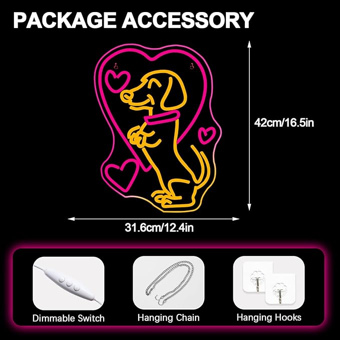NOSUN Love Dog Neon Sign for Wall Decor Dachshund Pink Led Light Sign for Pet Shop Bedroom Wall Home Party Decor Accessory Gift for Dog Lover Bar Party Club Bedroom Gaming Room Men Cave Decorations Christmas Gift