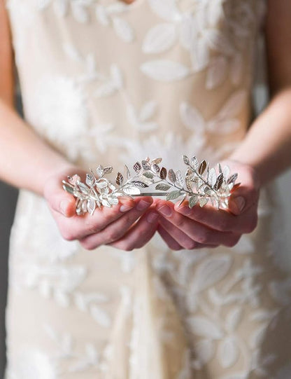 Chargances Handmade Bridal Wedding Crown Leaf Headband Women Leaf Tiara Headpiece Weeding Hair Accessories Leaf Headpiece Jewelry for Women and Girls(Silver)