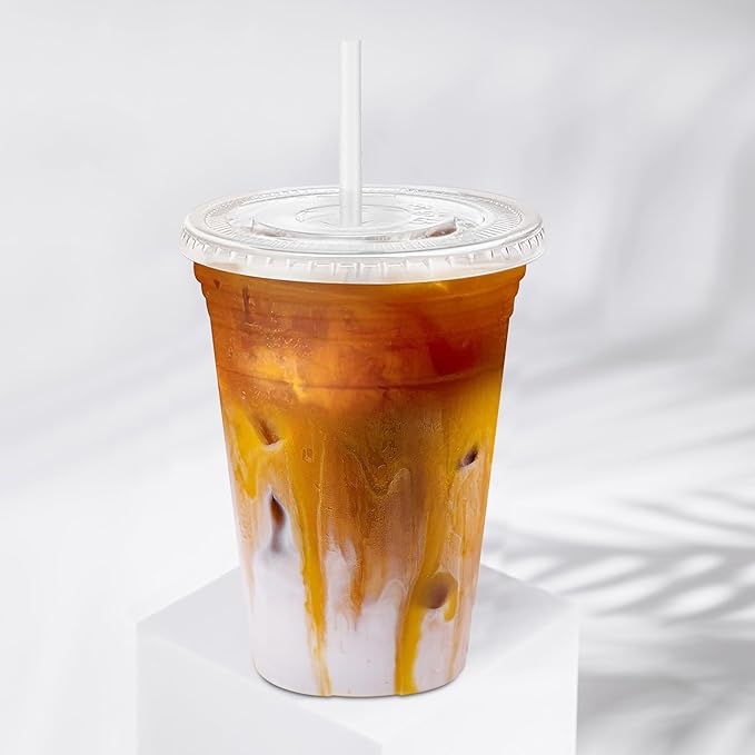 16 oz 100 Pack Clear Plastic Cups with Lids and Straw,leak-proof durable,To-Go Cold Coffee Cups,Disposable Cold Drink Cups for Parties, Outdoor Events, Cafes, and Smoothies