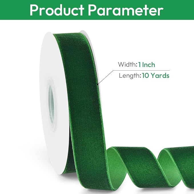 1" Wide Velvet Ribbon, 10 Yards - Forest Green Velvet Ribbon on Spool for Crafts, Gift Wrapping, DIY, Hair Bows, Wedding Invitations, Parties, Valentine's Day, and Christmas