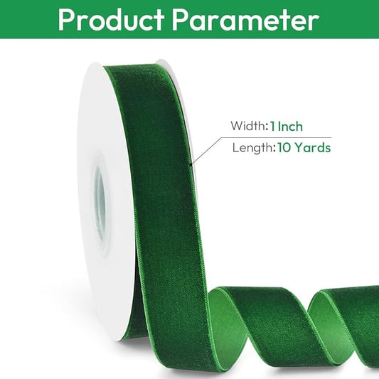 1" Wide Velvet Ribbon, 10 Yards - Forest Green Velvet Ribbon on Spool for Crafts, Gift Wrapping, DIY, Hair Bows, Wedding Invitations, Parties, Valentine's Day, and Christmas