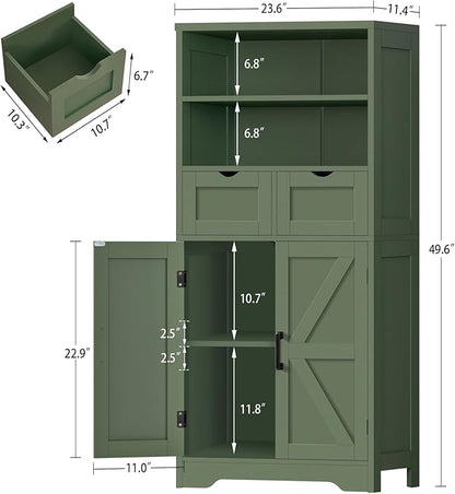 TEENFON Bathroom Cabinet with Adjustable Shelf & 2 Drawers, Farmhouse Storage Cabinet with 2 Doors, Kitchen Storage Cabinets for Living Room, Entryway, Home Office, Forest Green